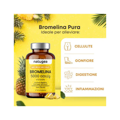 Natugea Bromelina Forte Drenante 5000 GDU/g Vegana Detox Anticellulite 120 Compresse